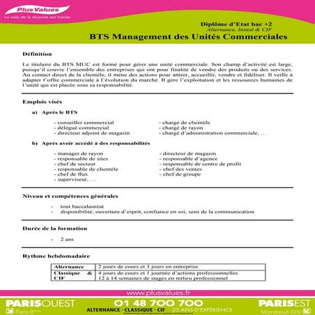 Ecole Plus Values - BTS Management des Unités Commerciales ( BTS MUC) | PDF