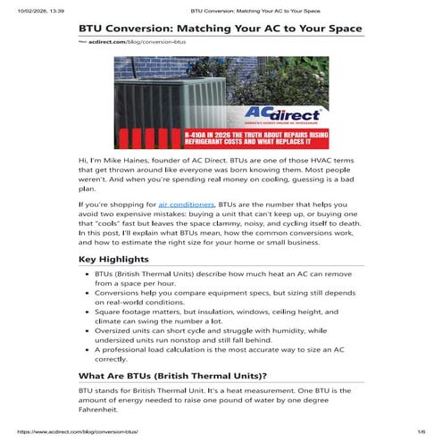 BTU Conversion: Matching Your AC to Your Space | PDF