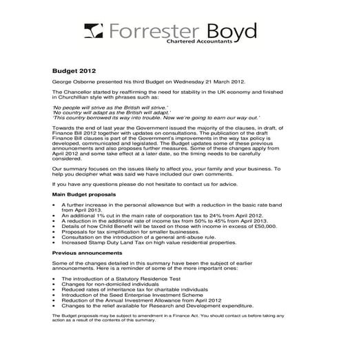 Budget March 2012 Summary