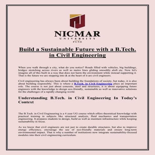 Build a Sustainable Future with a B.Tech. in Civil Engineering | PDF