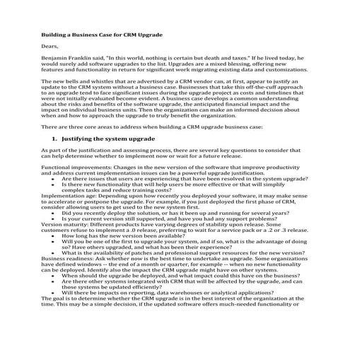 Building a business case for crm upgrade