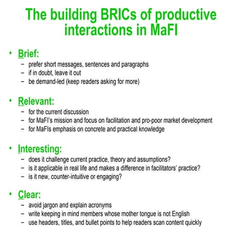 The Building BRICs of MaFI for productive interactions