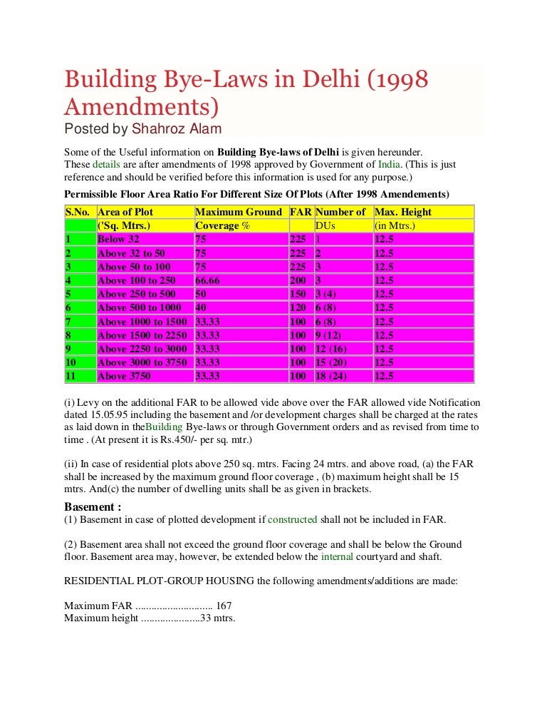 Building Bye Laws In Delhi 1998 Amendments