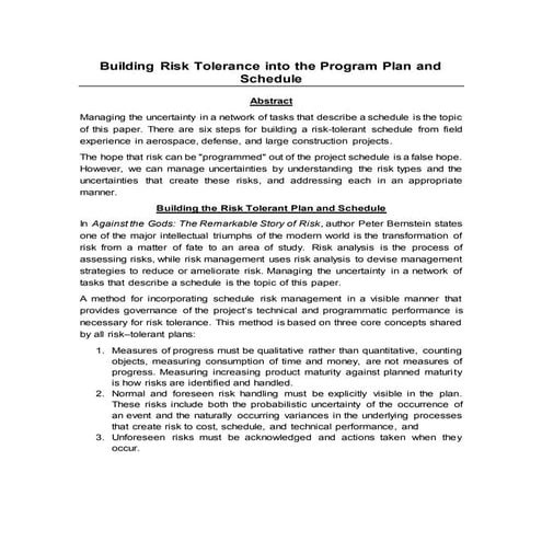 Building Risk Tolerance into the Program Plan and Schedule