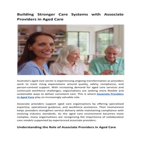Associate Providers in Aged Care Supporting Better Care Systems | PDF