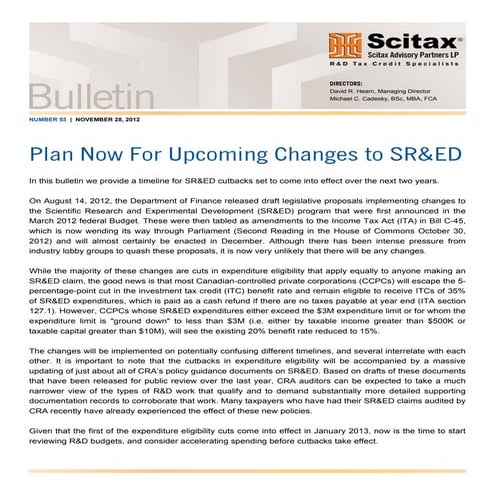 Bulletin #53 - Plan Now For Upcoming Changes to SR&ED