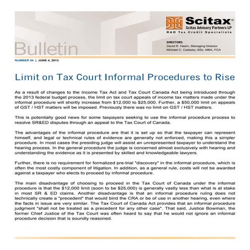 Bulletin #54 - Limit on Tax Court Informal Procedures to Rise
