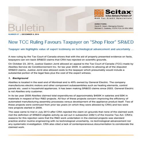 Bulletin #57 - New TCC Ruling Favours Taxpayer on "Shop Floor" SR&ED