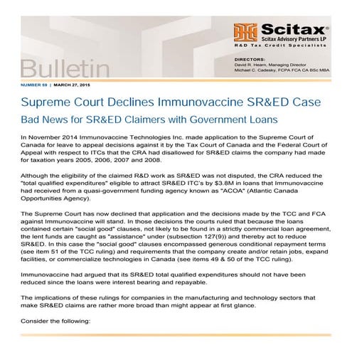 Bulletin #59 - Supreme Court Declines Immunovaccine SR&ED Case