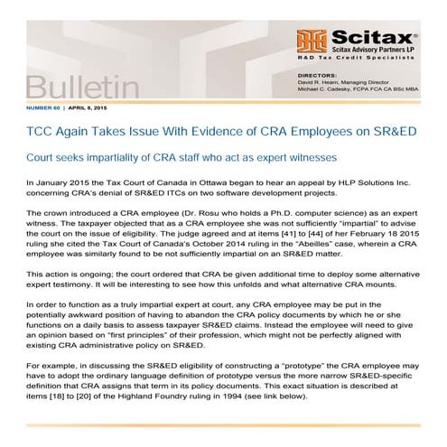 Bulletin #60 - TCC Again Takes Issue With Evidence of CRA Employees on SR&ED