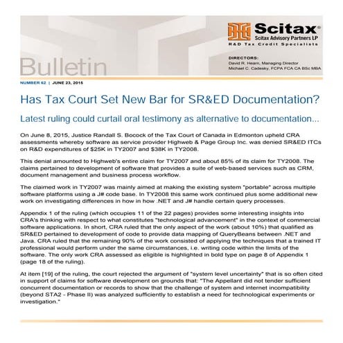 Bulletin #62 - Has Tax Court Set New Bar for SR&ED Documentation?