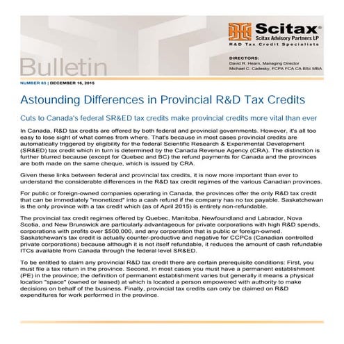 Bulletin #63 - Astounding Differences in Provincial R&D Tax Credits