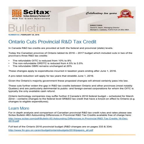 Bulletin #64 - Ontario Cuts Provincial R&D Tax Credit