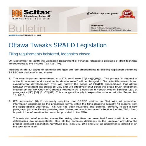 Bulletin #66 - Ottawa Tweaks SR&ED Legislation