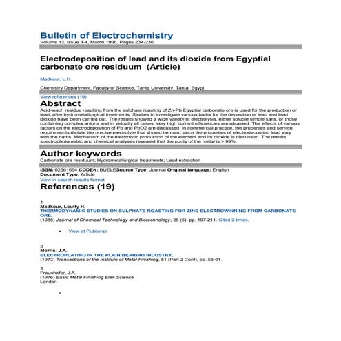 Electrodeposition of lead and its dioxide from Egyptial carbonate ore residuu...