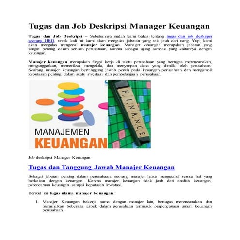 Tugas dan job deskripsi manager keuangan