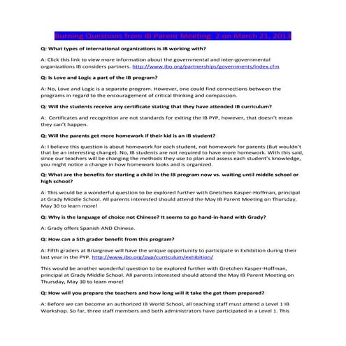 Burning Questions from IB Parent Meeting #2 | DOC