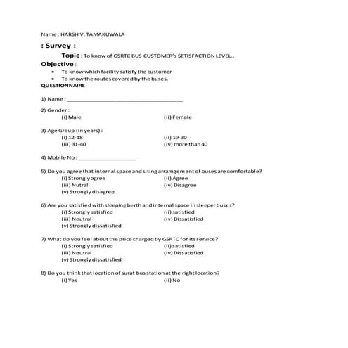 Questionnaire Of Bus Survey..