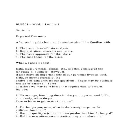 BUS308 – Week 1 Lecture 1 Statistics Expected Outcomes.docx