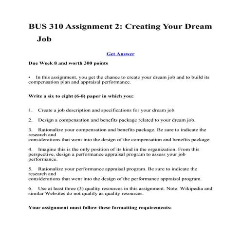 Bus 310 assignment 2 creating your dream job