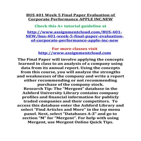 Bus 401 week 5 final paper evaluation of corporate performance apple ...