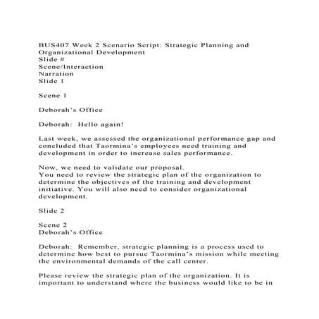 BUS407 Week 2 Scenario Script Strategic Planning and Organization.docx