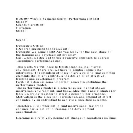 BUS407 Week 3 Scenario Script Performance ModelSlide #SceneI.docx