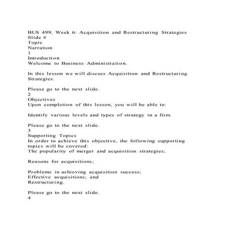 BUS 499, Week 6 Acquisition and Restructuring StrategiesSlide #