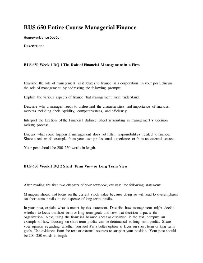 Bus 650 Entire Course Managerial Finance