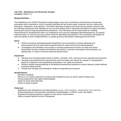 Salesforce.com Business Analyst Position (Miami)