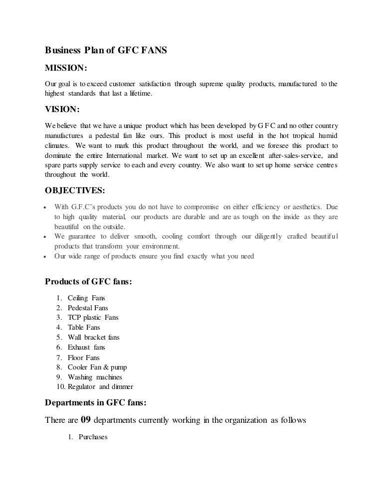 Business Plan Of Gfc Fan