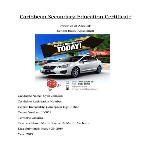 CSEC Business Cognate SBA (Principles of Business & Accounts) SAMPLE