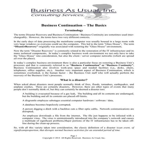 Business Continuation - The basics according to John Small 2014-02-21