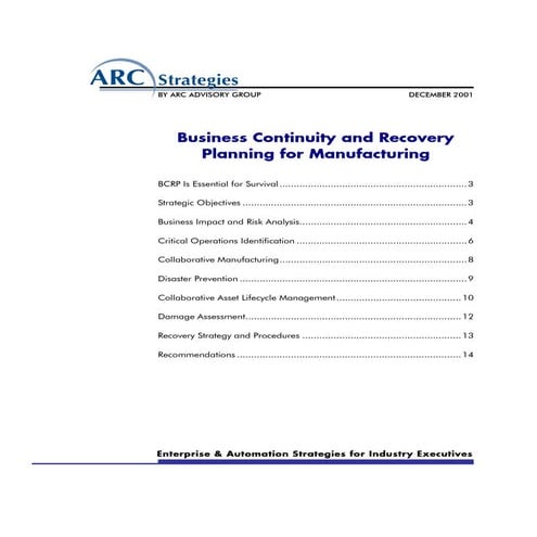 Business continuity and recovery planning for manufacturing
