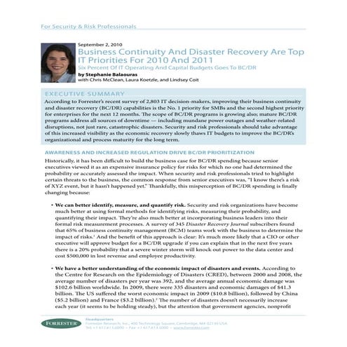 Business Continuity And Disaster Recovery Are Top IT Priorities For 2010 And ...