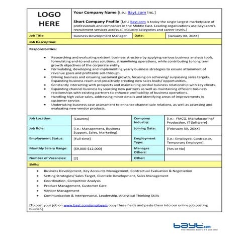 Business Development Manager Job Description Template by Bayt.com