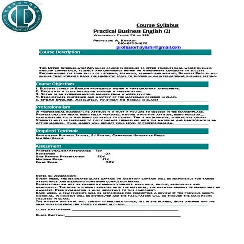 Business English 2 - Fall 2011 Syllabus