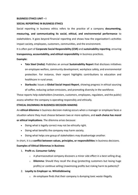 BUSINESS ETHICS – UNIT I: Introduction to Business Ethics