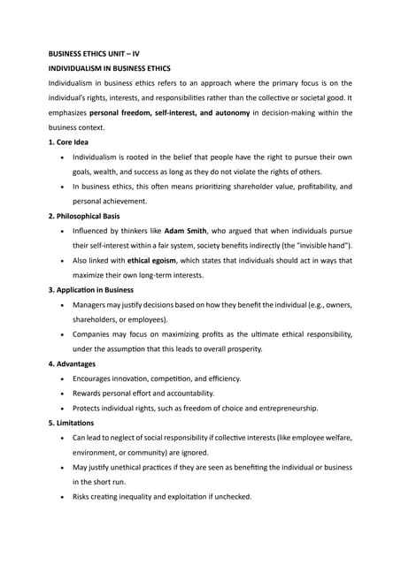BUSINESS ETHICS – UNIT IV: Individualism, Cognition, and Intercultural Ethics