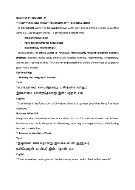 BUSINESS ETHICS – UNIT V: Ethical Insights from Thirukkural and Modern Thought