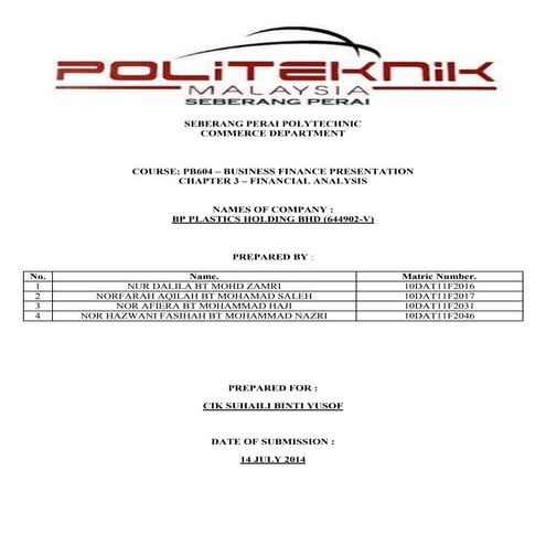 Business finance  ratio (bp plastic)