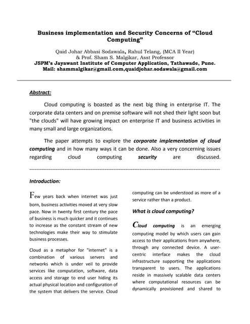 Business implementation of Cloud Computing