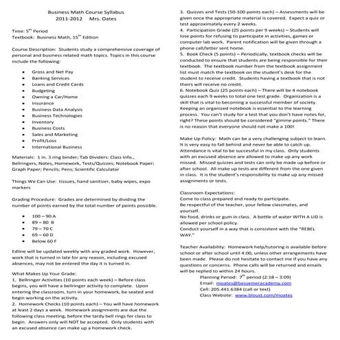 Business Math Course Syllabus