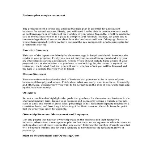 Business plan samples restaurant