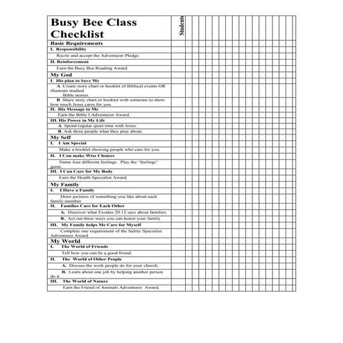 Busy bee class checklist