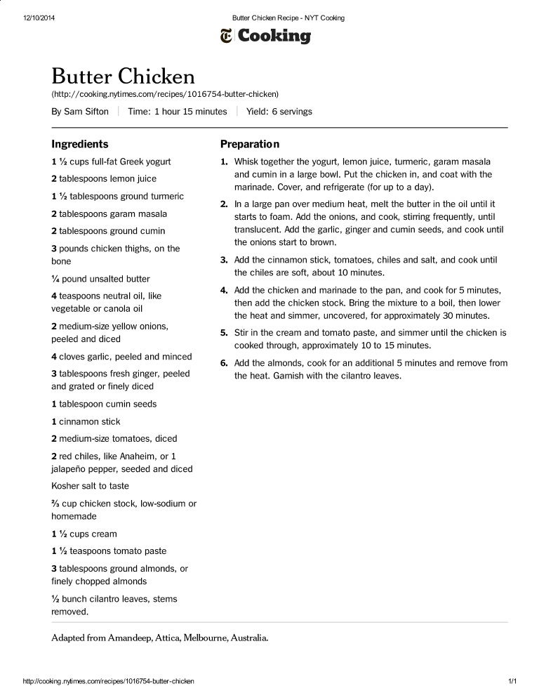 Butter Chicken Recipe Nyt Cooking