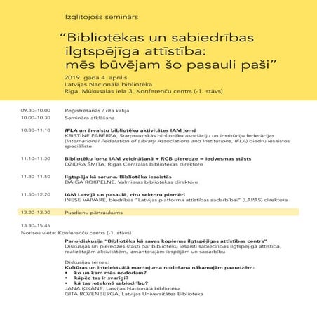 Izglītojošs seminārs “Bibliotēkas un sabiedrības ilgtspējīga attīstība: mēs būvējam šo pasauli paši” (programma)