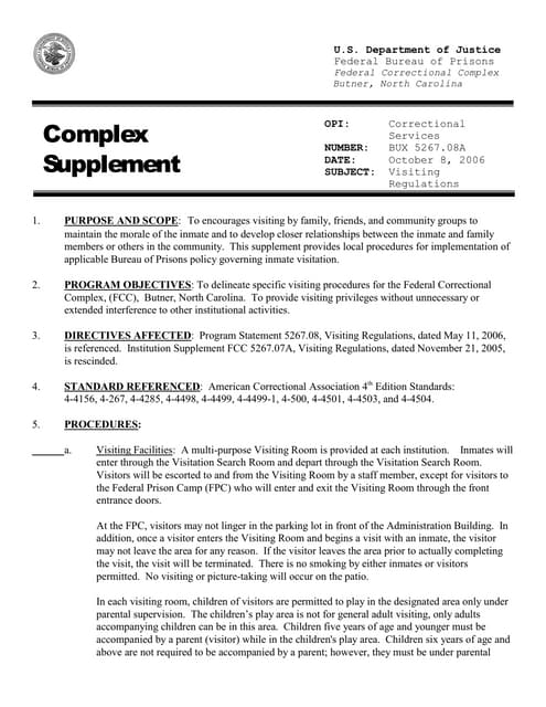 FindLaw | Butner, North Carolina Federal Correctional Complex Visiting Regulations