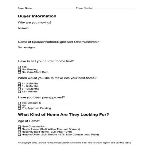 Real Estate Buyer Qualification Sheet
