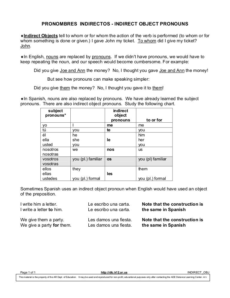 Direct Object Pronouns Spanish Chart